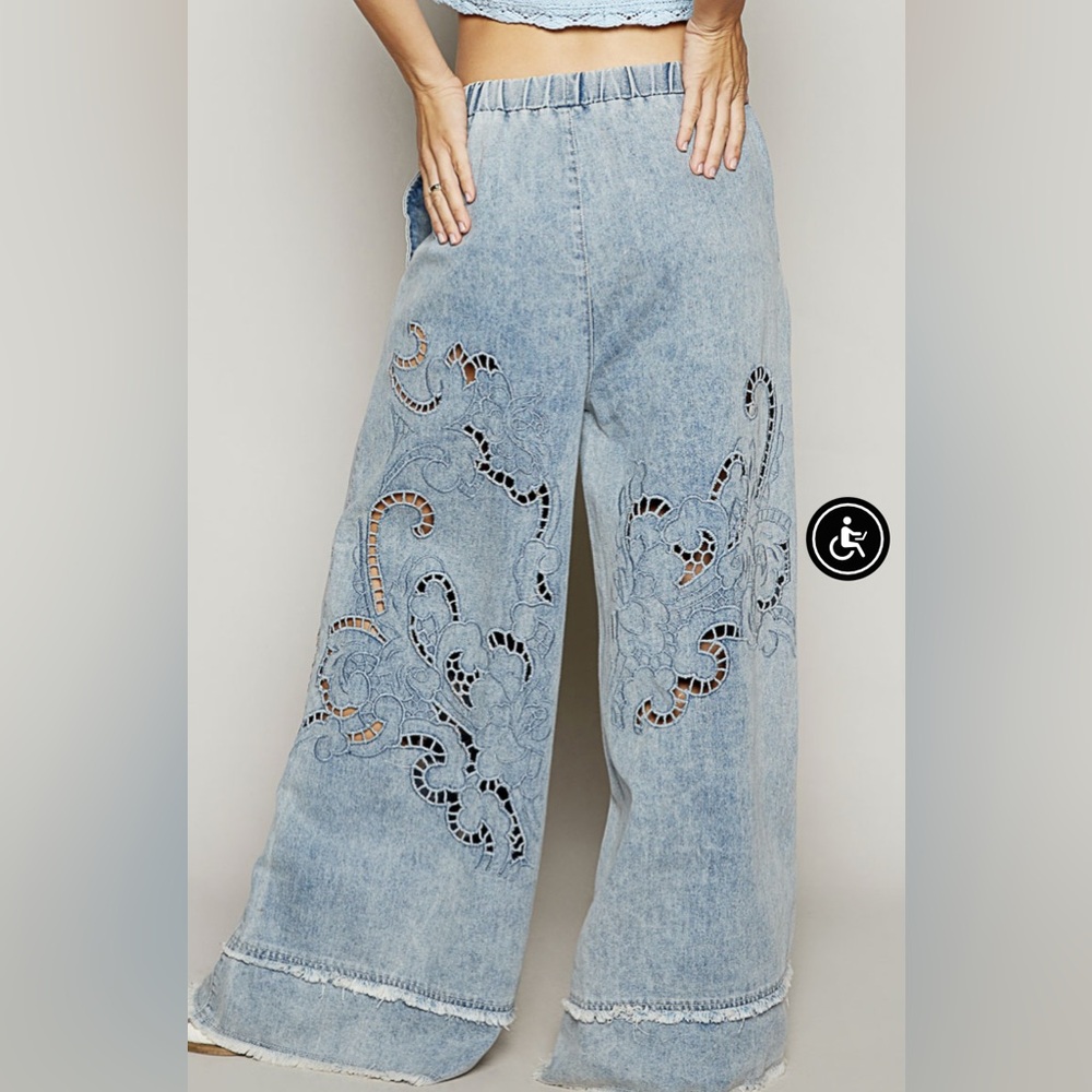 POL Small Blue Denim Embroidered Wide-Leg Cut Out Pants - Picture 2 of 2